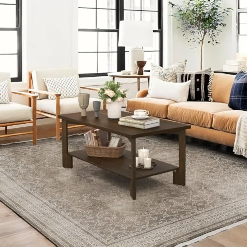 Rectangular Dark Walnut Mid-Century Modern Coffee Table with Storage Shelf - Image 4