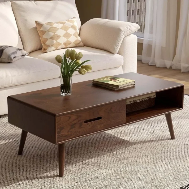 Rectangular Oak Wood Mid-Century Modern Coffee Table with Two Storage Drawers - Image 4