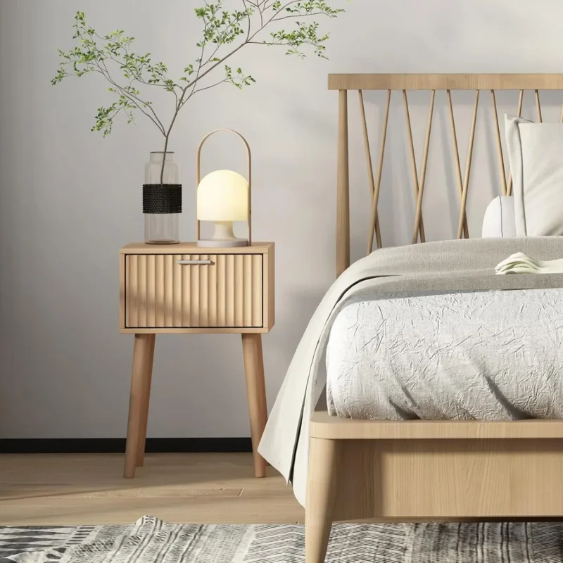 Fluted Door Mid-Century Modern Bedside Tables Set of 2 with Solid Wood Legs - Image 2
