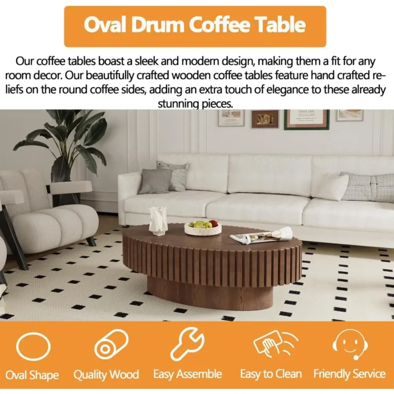 Oval Fluted Engineered Wood Mid-Century Modern Coffee Table with Pedestal Base - Image 4