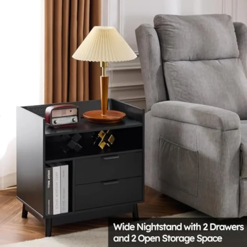 Black Mid-Century Modern Nightstands Set of 2 with LED Charging Station & Drawers - Image 6