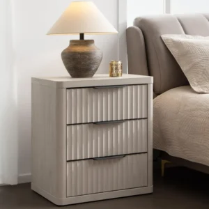 Rectangular Fluted Wood Modern Mid-Century Nightstand with 3 Storage Drawers