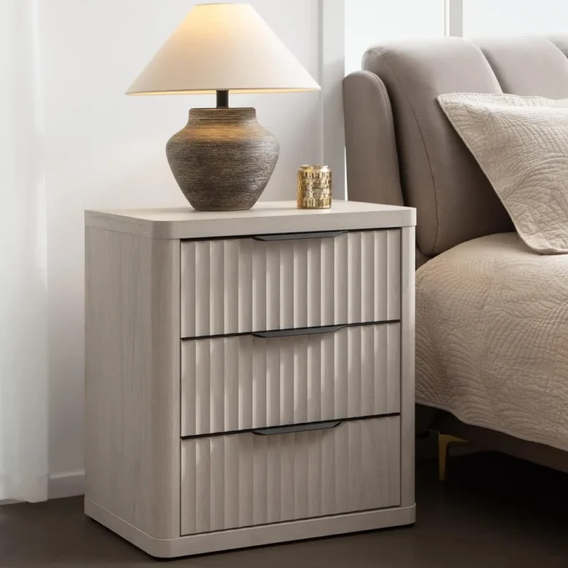 Rectangular Fluted Wood Modern Mid-Century Nightstand with 3 Storage Drawers