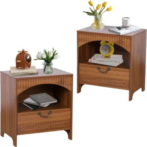 Mid-Century Modern Nightstand Set with Storage Drawer and Open Compartment