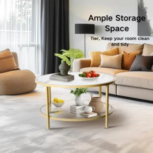 Round Faux Marble Mid-Century Modern Coffee Table with Glass Shelf