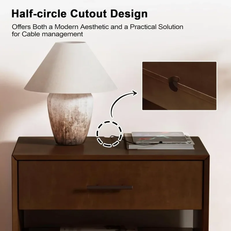 Walnut Wood Mid-Century Modern Nightstands with Charging Station and Hidden Storage - Image 6