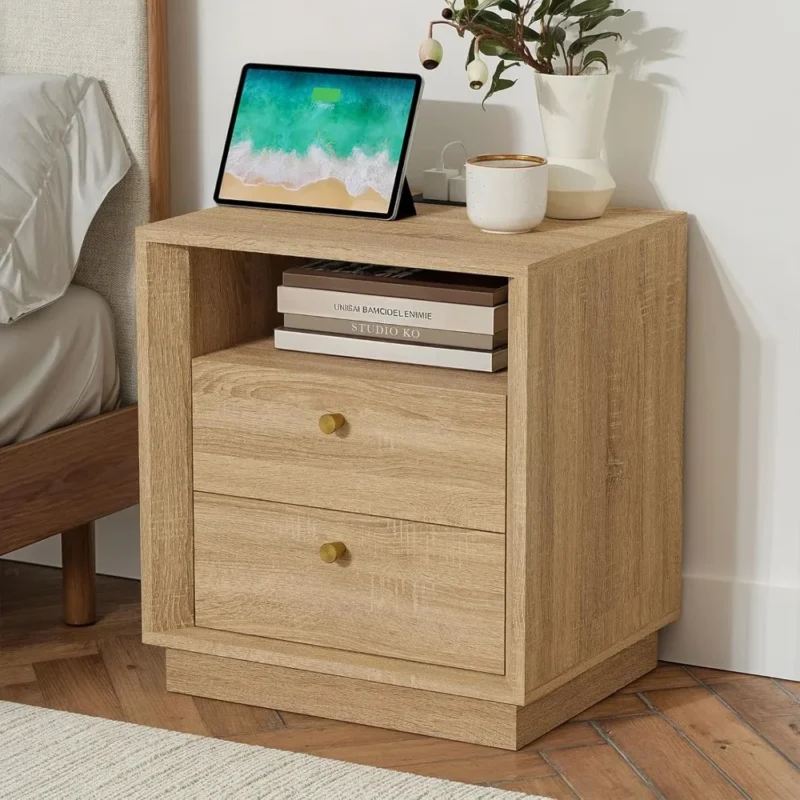 Rectangular Wood Nightstand with Charging Station Mid-Century Modern Bedside Table - Image 6