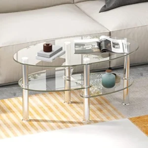 Oval Glass Three-Tier Coffee Table with Metal Legs and Storage Shelves