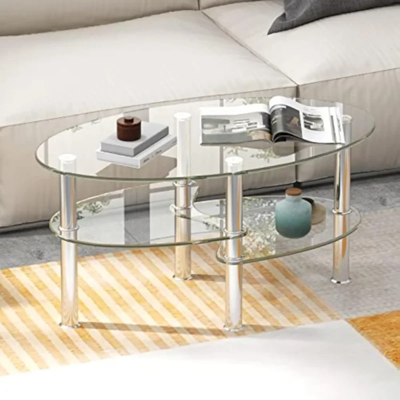 Oval Glass Three-Tier Coffee Table with Metal Legs and Storage Shelves