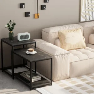 Oval Nesting Marble-Look Coffee Tables Set Mid-Century Modern Storage Tables