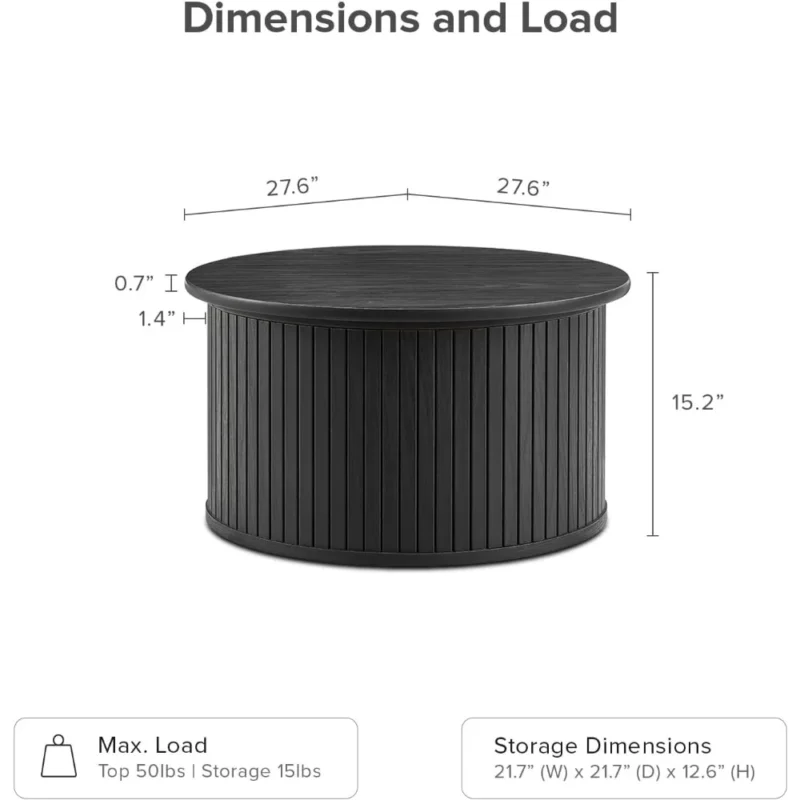 Round Black Wood Mid-Century Modern Storage Coffee Table with Tambour Door - Image 3