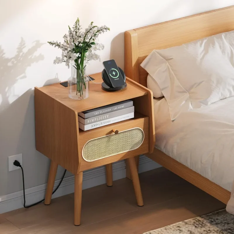 Modern Mid-Century Nightstand Set with Charging Station & Rattan Drawer - Image 6