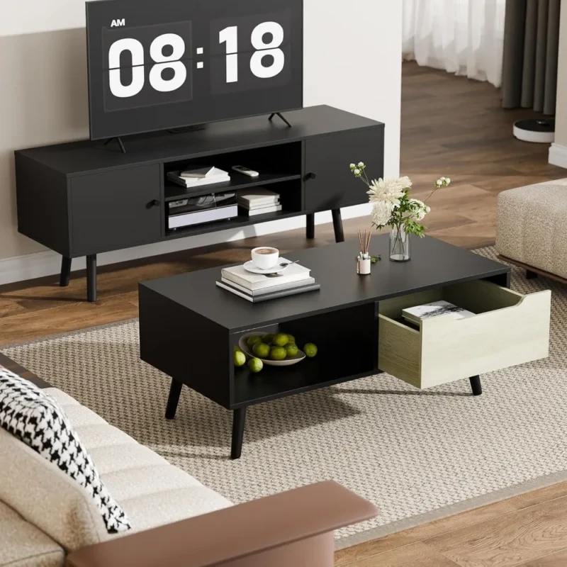 Rectangular Walnut Wood Mid-Century Modern Coffee Table with Storage Shelf - Image 6
