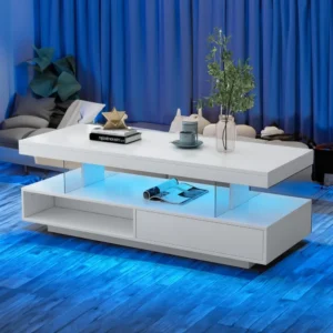 Rectangular White High Gloss LED Coffee Table with Storage Drawer