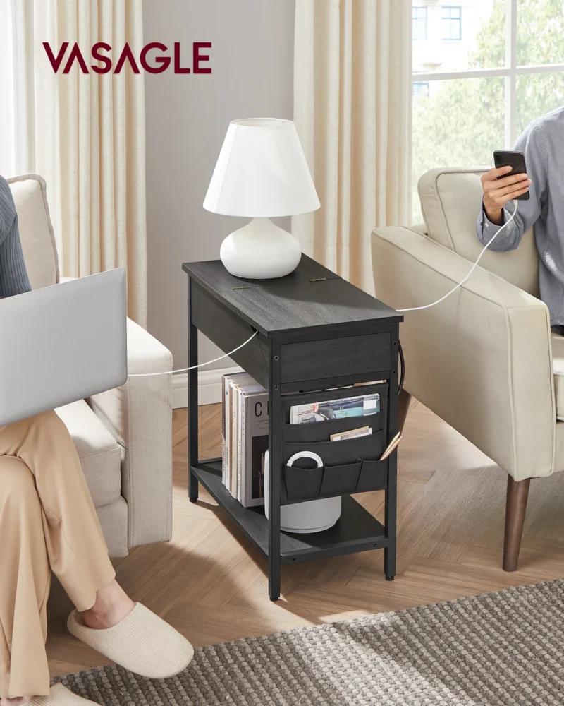 Modern Rectangular Wooden End Table with USB Charging Station and Storage Baskets - Image 2