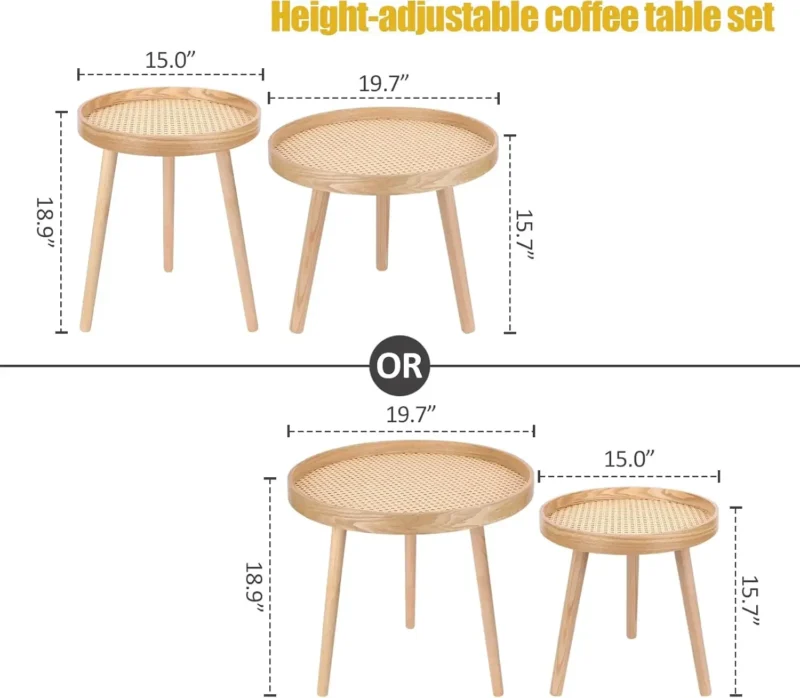 Round Rattan Nesting Coffee Tables Set of 2 Mid-Century Modern Side End Tables - Image 3