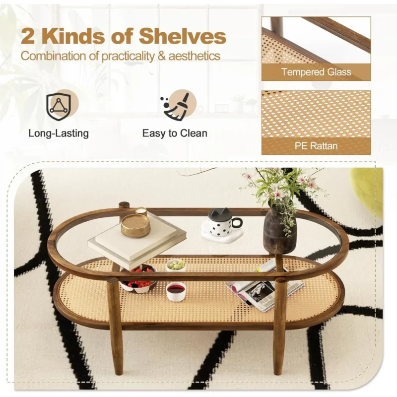 Oval Acacia Wood Mid-Century Modern Coffee Table with Glass Top and Rattan Storage Shelf - Image 6