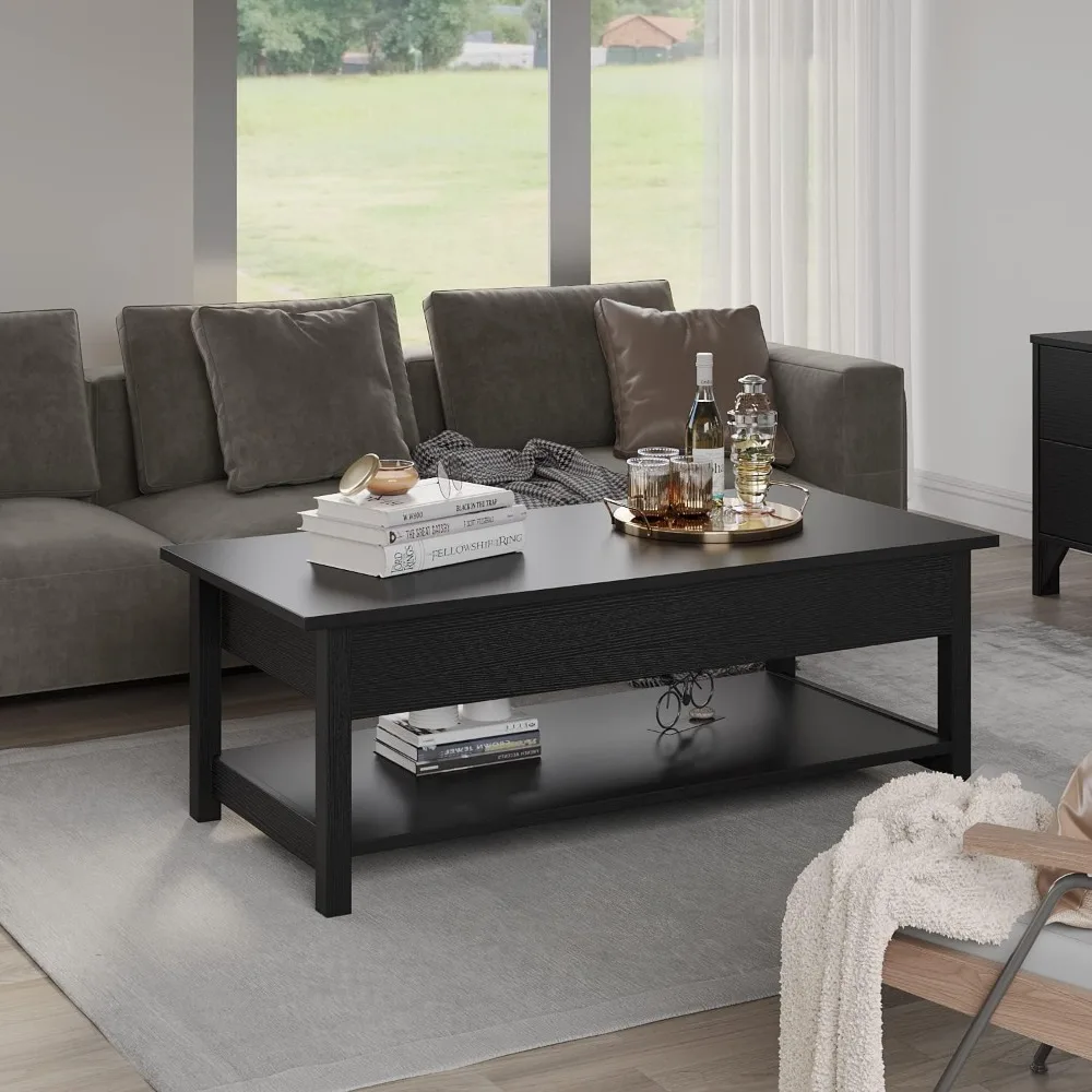 Rectangular wooden lift top coffee table providing hidden storage for sectional seating areas