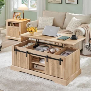 Fluted Rectangular Lift Top Coffee Table with Storage Compartment and Sliding Door