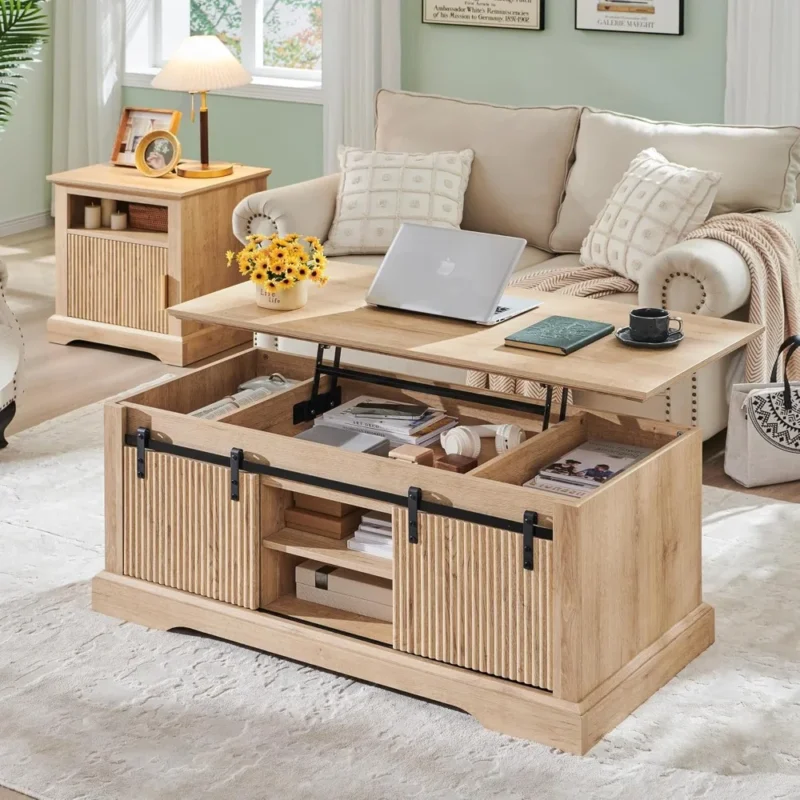 Fluted Rectangular Lift Top Coffee Table with Storage Compartment and Sliding Door