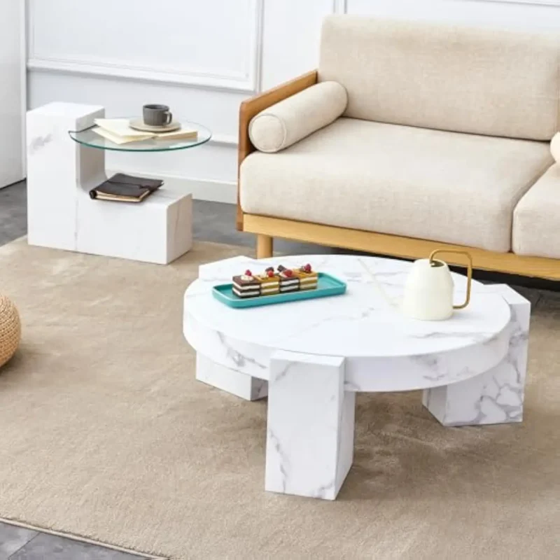Round Marble Top Mid-Century Modern Coffee Table Set with Glass Side Table - Image 5