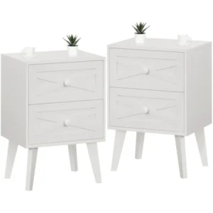White Mid-Century Modern Nightstand Set with Barn Door Design and Two Drawers