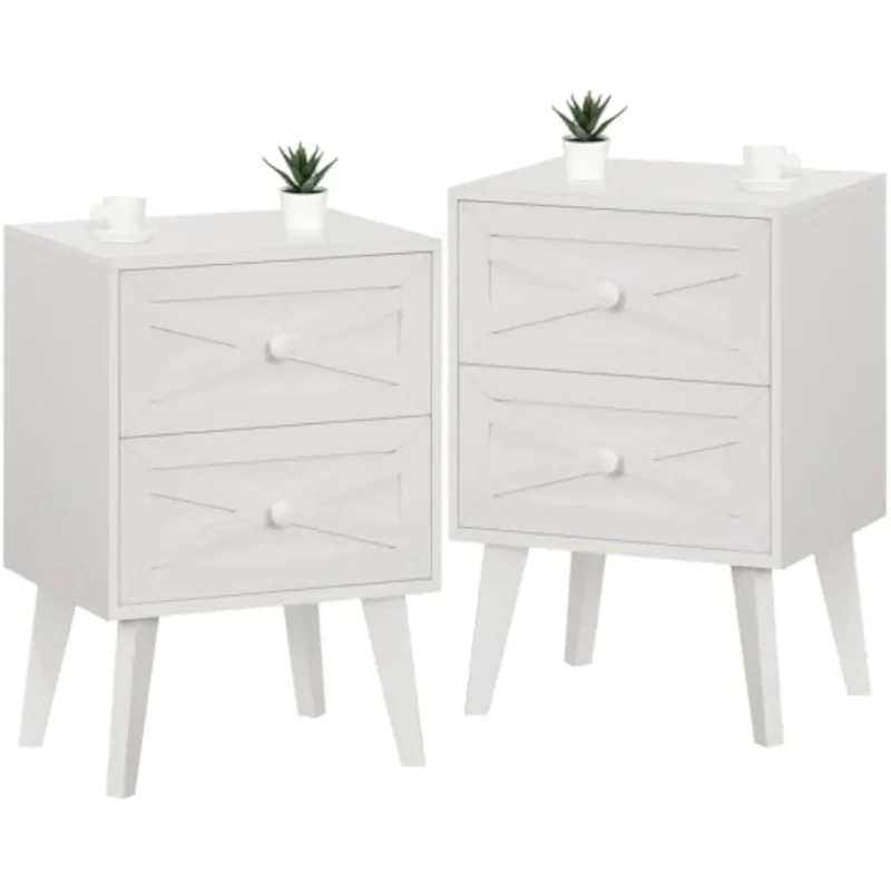 White Mid-Century Modern Nightstand Set with Barn Door Design and Two Drawers