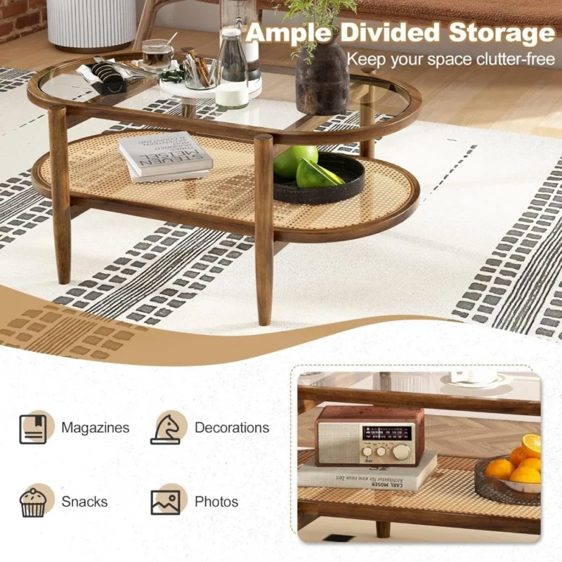 Oval Acacia Wood Mid-Century Modern Coffee Table with Glass Top and Rattan Storage Shelf - Image 4