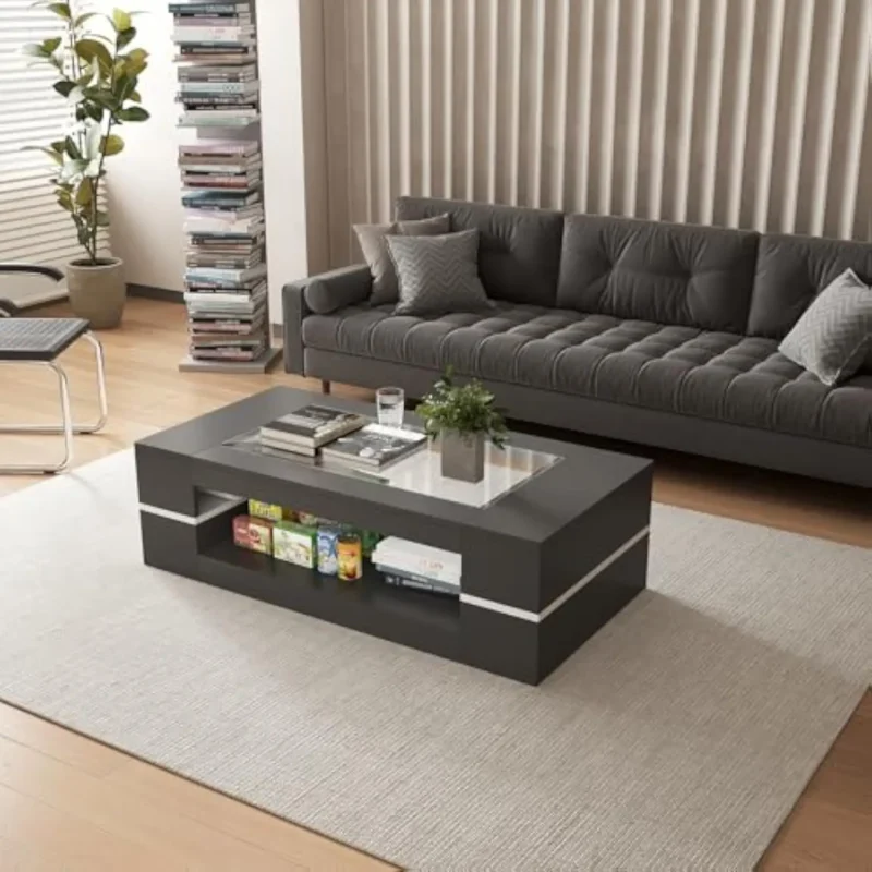 Rectangular Glass Top Mid-Century Modern Coffee Table with Storage Shelf - Image 6