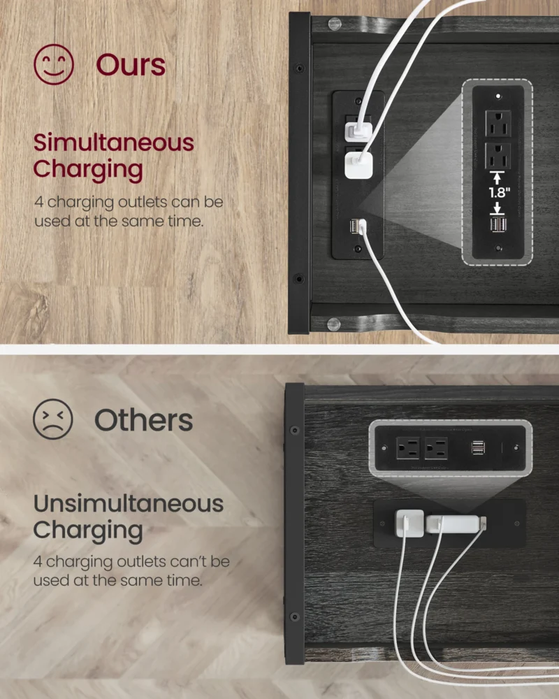 Modern Rectangular Wooden End Table with USB Charging Station and Storage Baskets - Image 3