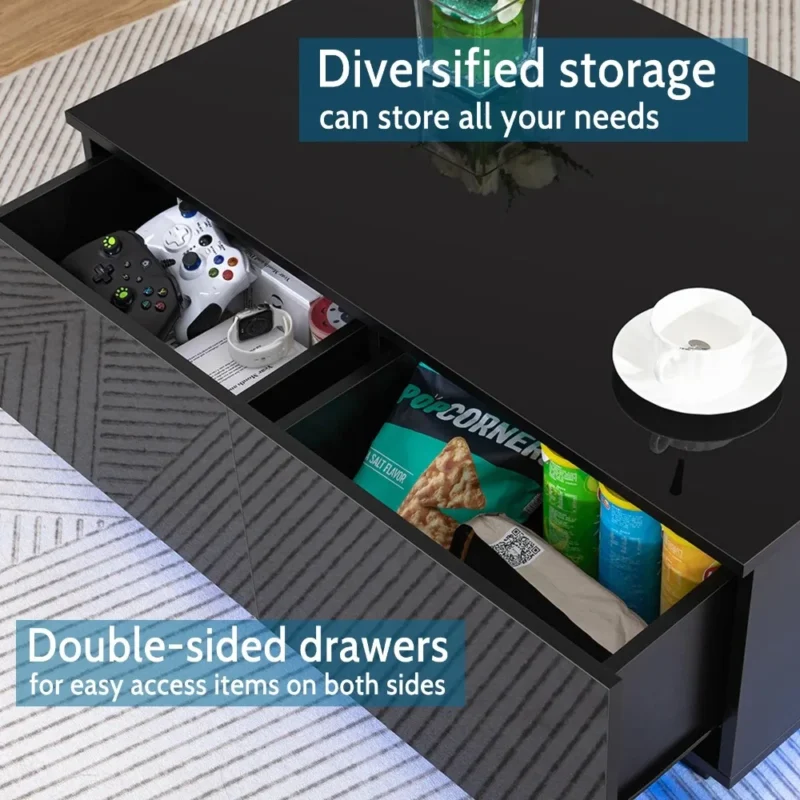 Rectangular Black High Gloss Coffee Table with 4 Drawers Modern Living Room Storage - Image 5
