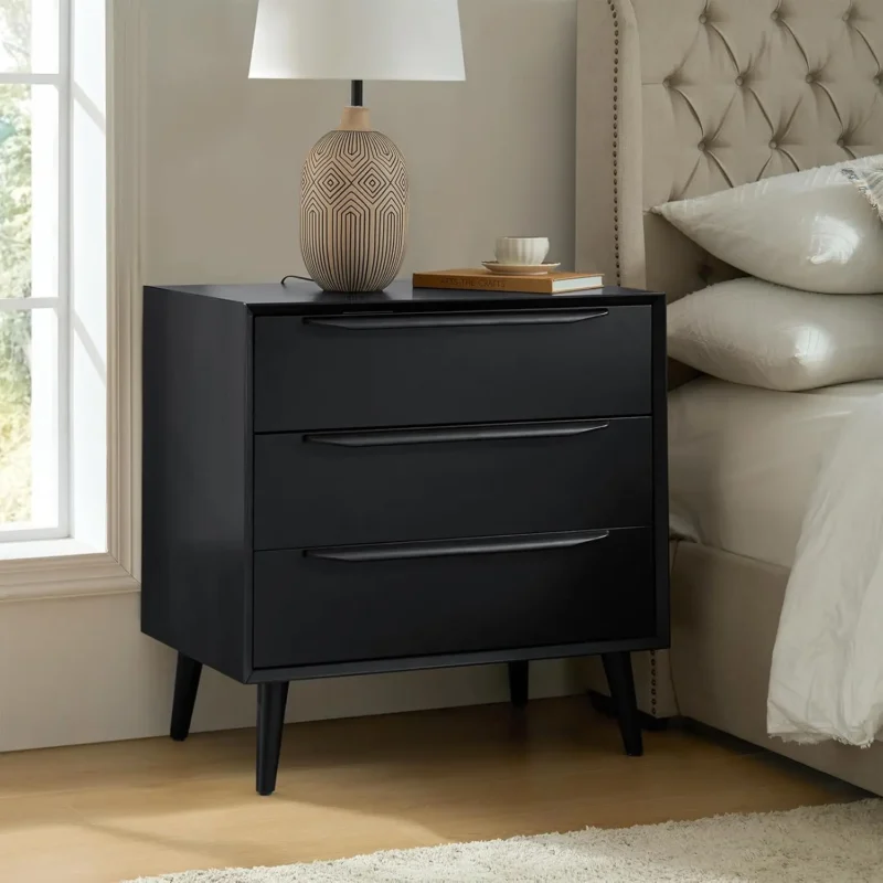 Walnut Wood Mid-Century Modern 3-Drawer Nightstand Set with Charging Station - Image 11
