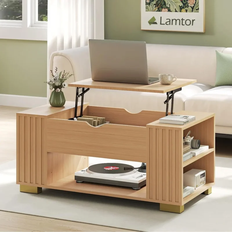 Square Fluted Wood Mid-Century Modern Coffee Table with Lift Top Storage - Image 7