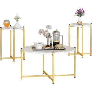Round Faux Marble 3-Piece Mid-Century Modern Coffee Table Set with Metal Frame