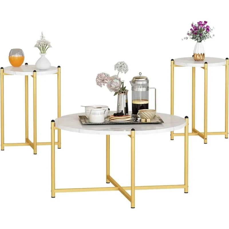 Round Faux Marble 3-Piece Mid-Century Modern Coffee Table Set with Metal Frame