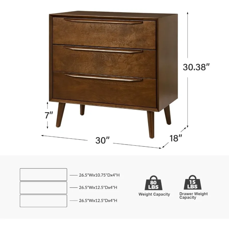 Walnut Wood Mid-Century Modern 3-Drawer Nightstand Set with Charging Station - Image 2