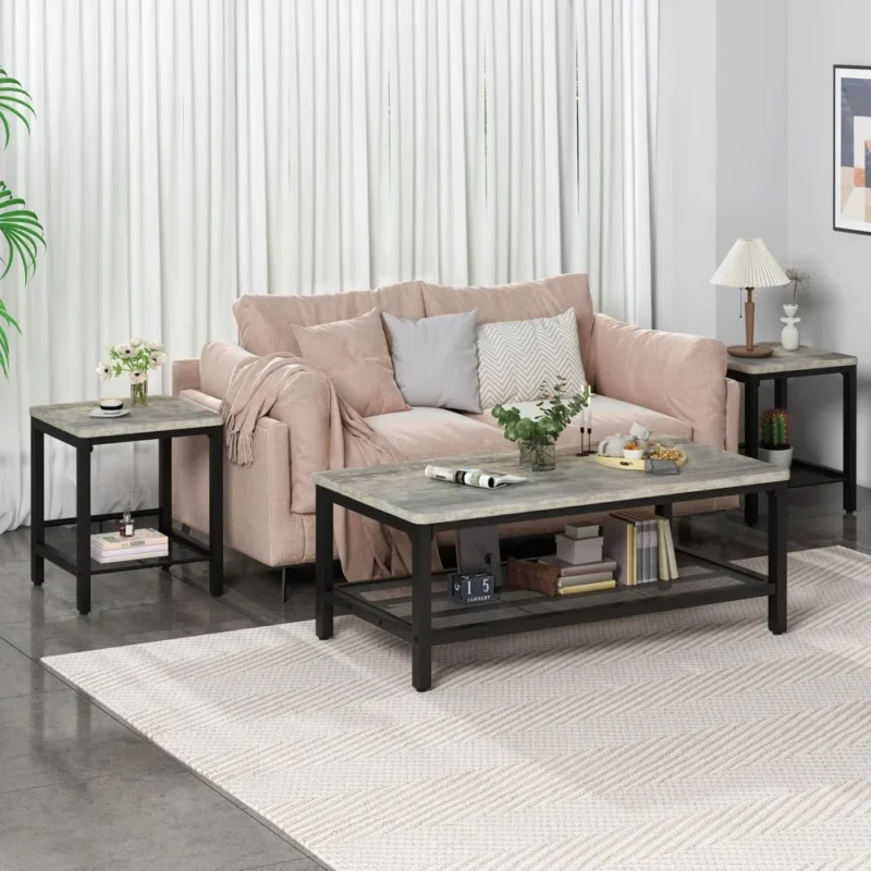 Nested Square Coffee Table Set with 2 Side Tables Modern Industrial Metal Frame - Image 2