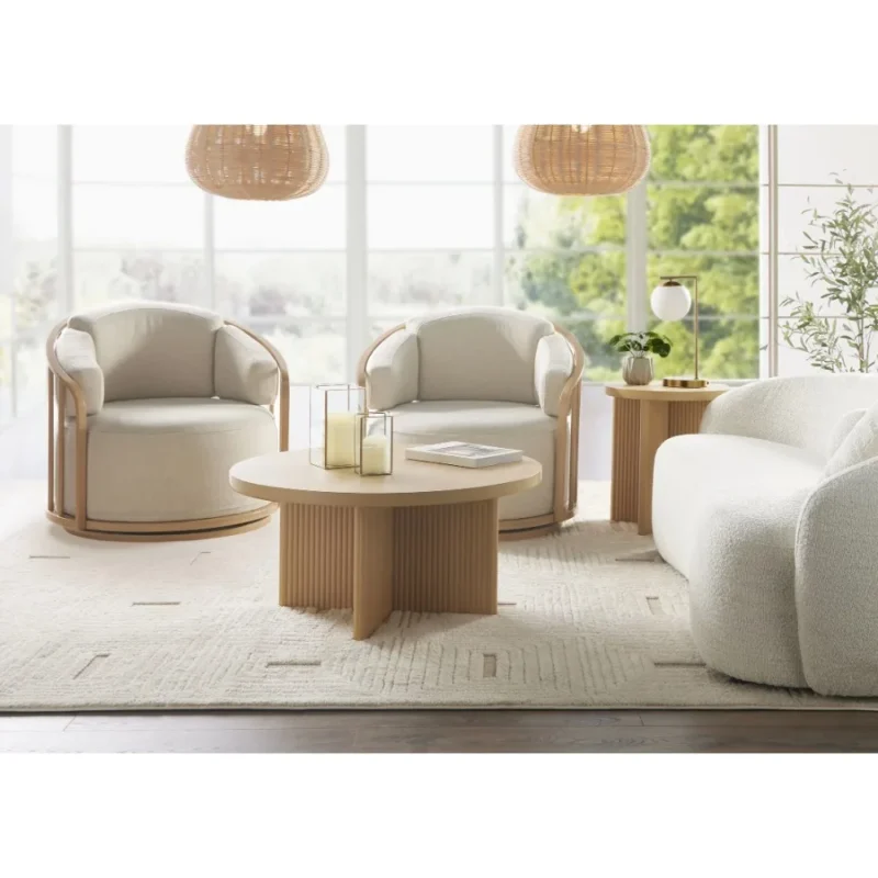 Round Fluted Pine Wood Mid-Century Modern Coffee Table with Art Deco Influence - Image 4