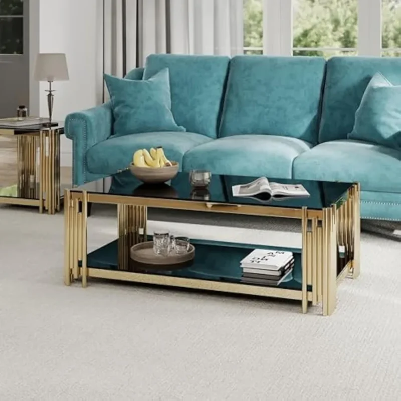 Rectangular Wooden Mid-Century Modern Coffee Table with Black Tempered Glass Top - Image 3