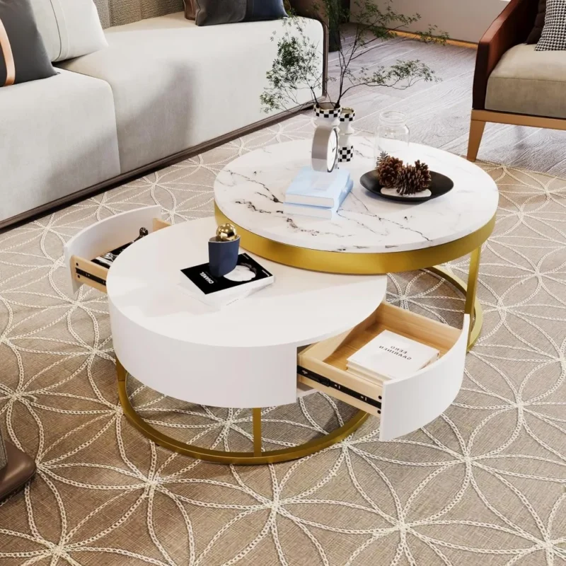 Round Nesting White Coffee Table Set with Storage Drawers - Image 2
