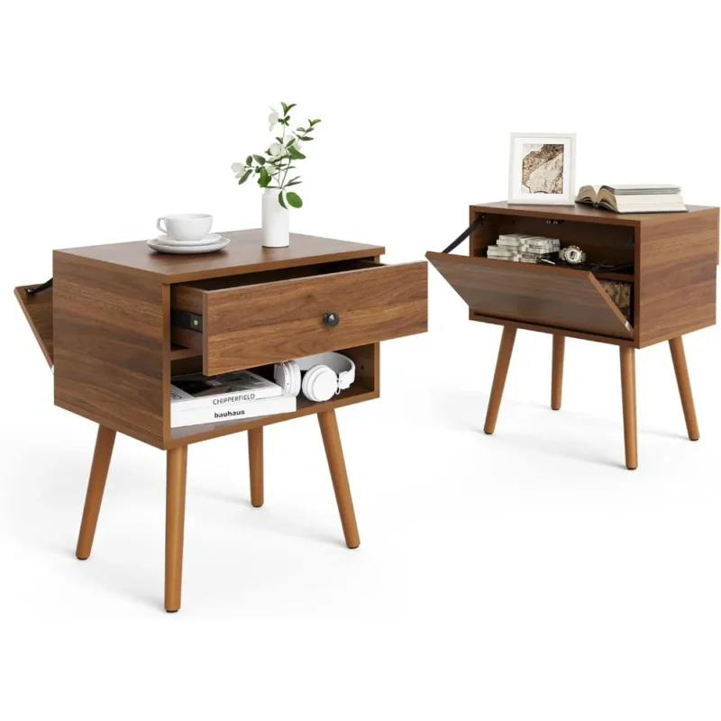 Wooden Mid-Century Modern Nightstand Set with Hidden Storage Compartment