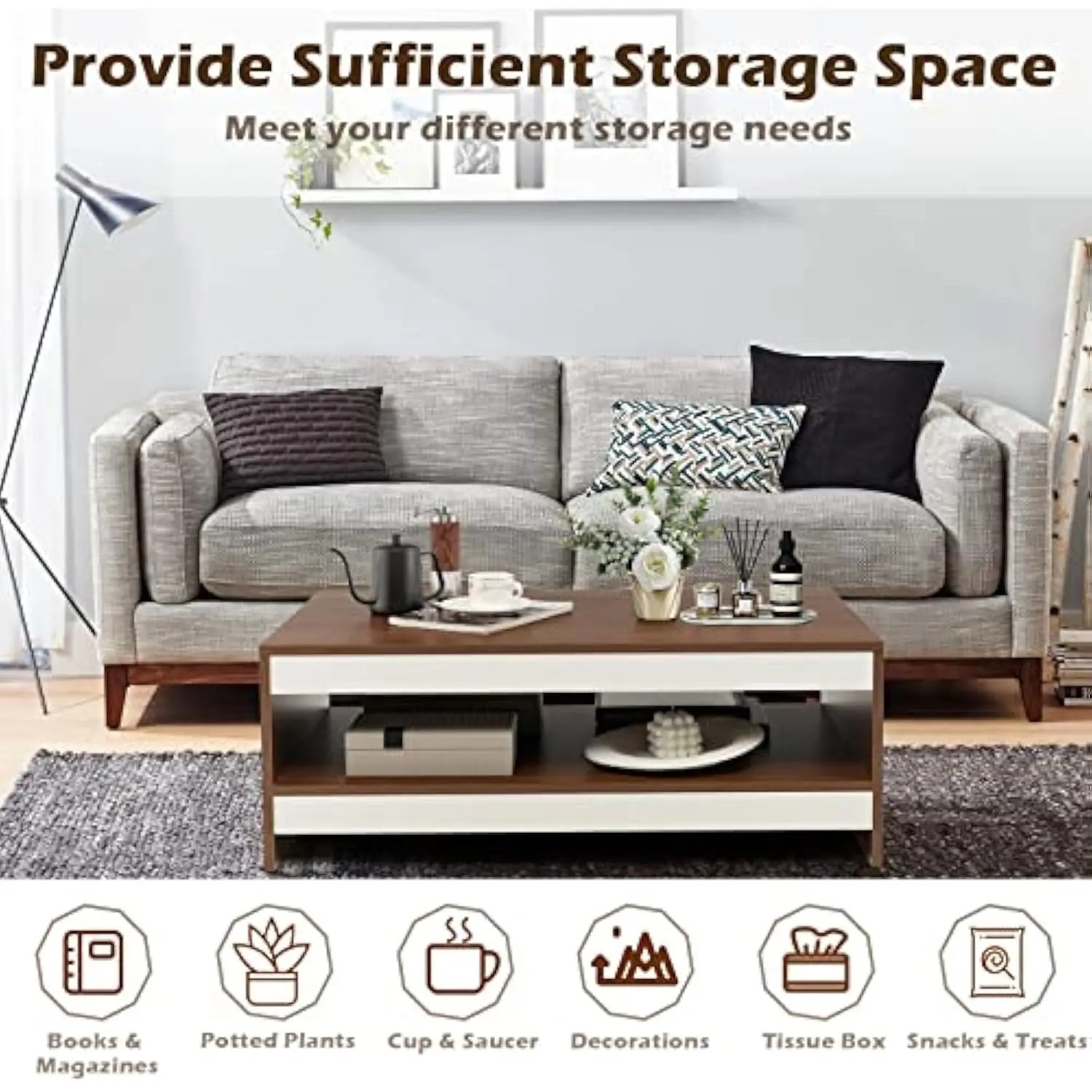 Warm wooden coffee table with storage creating functional minimalist living space