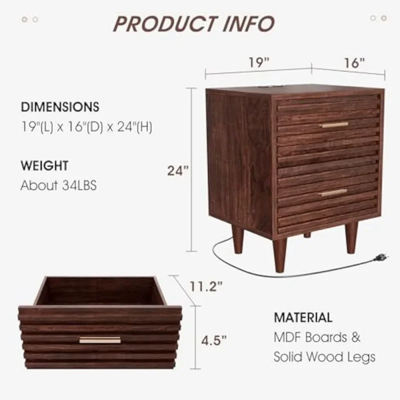 Modern Wooden Nightstands with Charging Station and Drawers Set of 2 - Image 3
