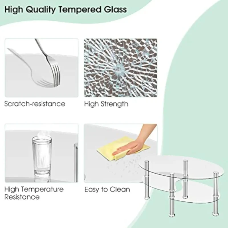 Oval Glass Three-Tier Coffee Table with Metal Legs and Storage Shelves - Image 4