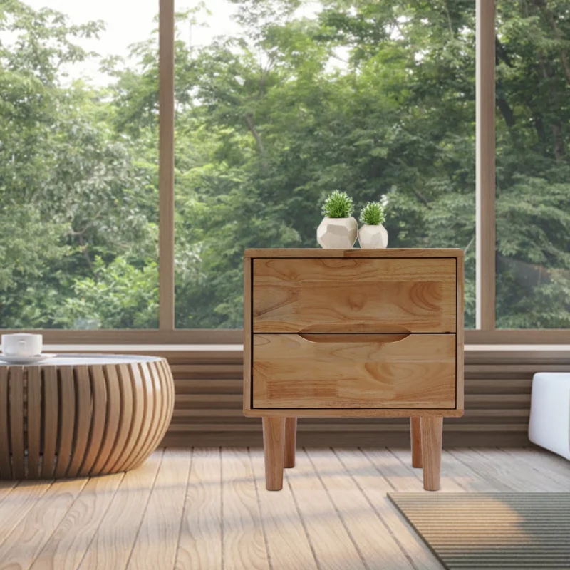 Oak Wood Mid-Century Modern Nightstand with 2 Storage Drawers - Image 2