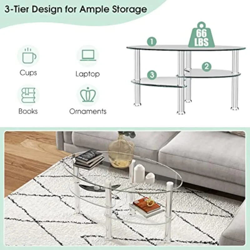 Oval Glass Three-Tier Coffee Table with Metal Legs and Storage Shelves - Image 6