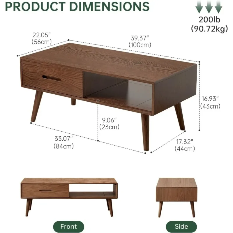 Rectangular Oak Wood Mid-Century Modern Coffee Table with Two Storage Drawers - Image 6