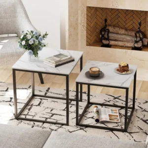 Square Black Wood Nesting Coffee Tables Set of 2 with Metal Frame