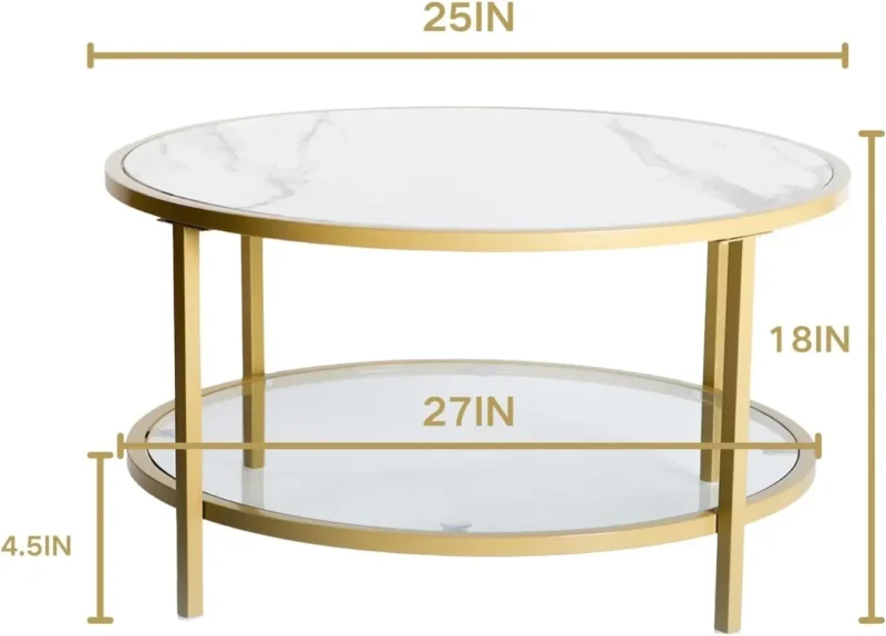 Round Faux Marble Mid-Century Modern Coffee Table with Glass Shelf - Image 3