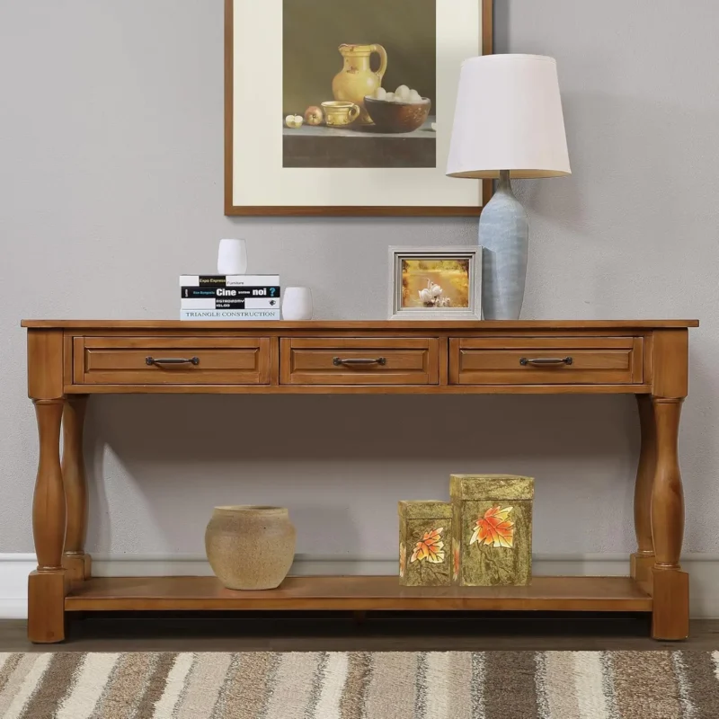 Rectangular Solid Wood Mid-Century Modern Console Table with Storage Drawer and Open Shelf - Image 11